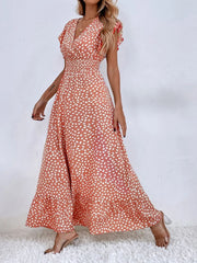 Bedrucktes Maxikleid mit Rüschenärmeln und V-Ausschnitt