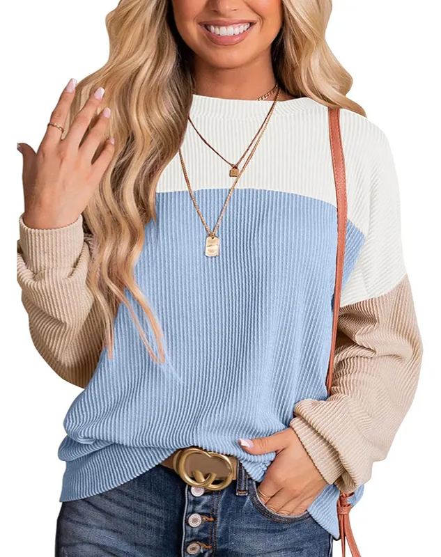 Damen Rundhals Colour Block Gerippte Oberteile (2 kaufen, kostenloser Versand)