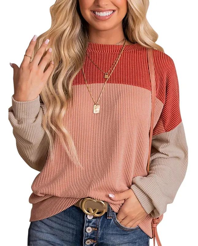 Damen Rundhals Colour Block Gerippte Oberteile (2 kaufen, kostenloser Versand)