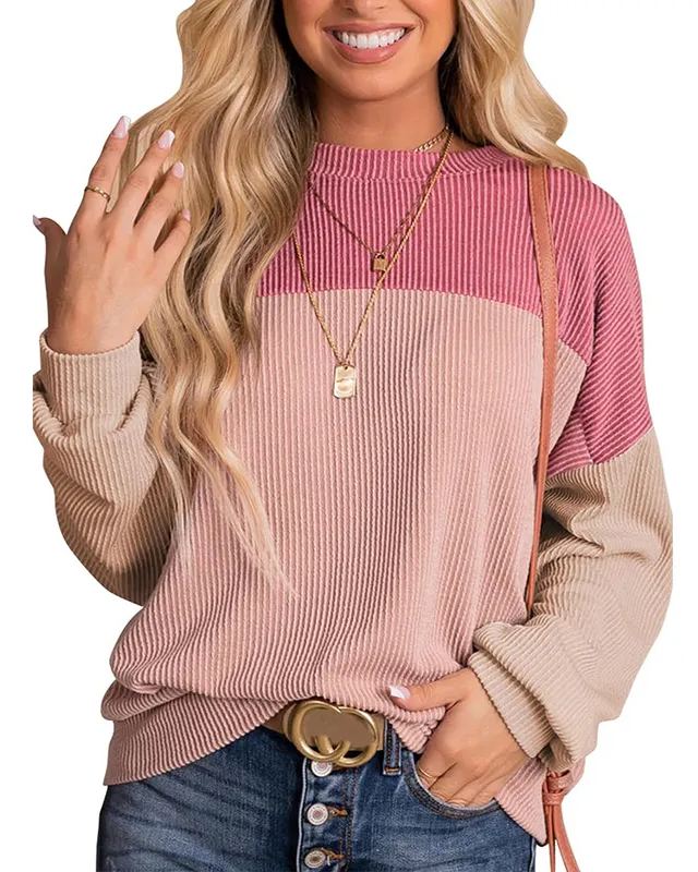 Damen Rundhals Colour Block Gerippte Oberteile (2 kaufen, kostenloser Versand)