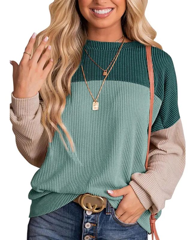 Damen Rundhals Colour Block Gerippte Oberteile (2 kaufen, kostenloser Versand)