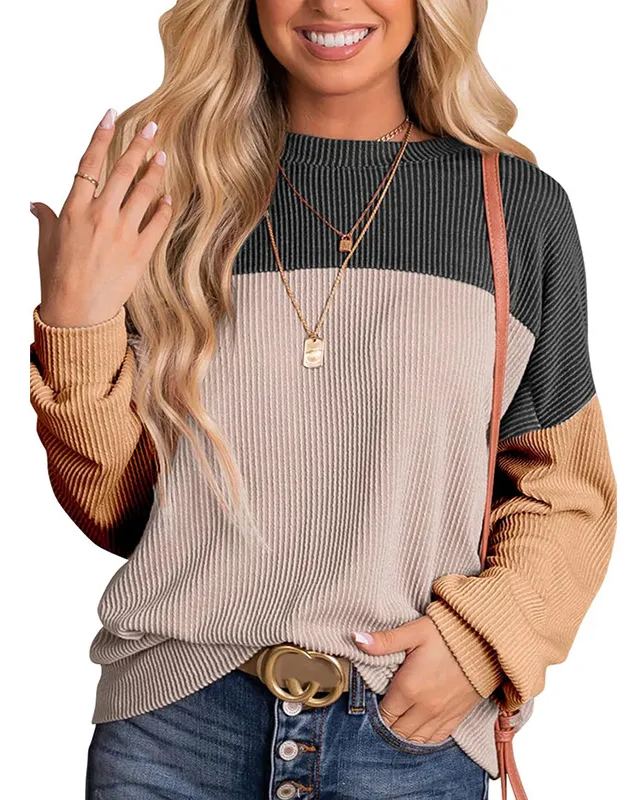 Damen Rundhals Colour Block Gerippte Oberteile (2 kaufen, kostenloser Versand)