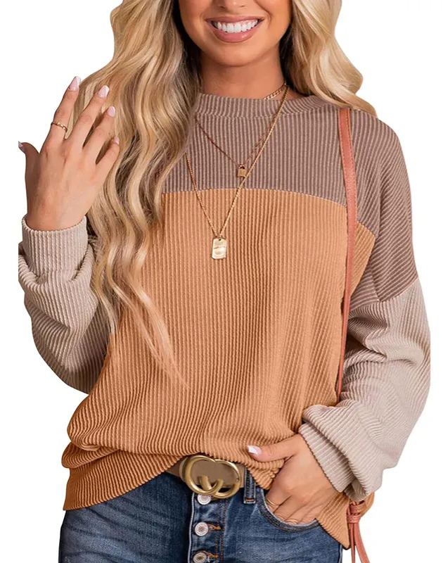 Damen Rundhals Colour Block Gerippte Oberteile (2 kaufen, kostenloser Versand)