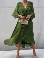 Elegant V-Neck Chiffon Dress – Flowy Summer & Occasion Wear