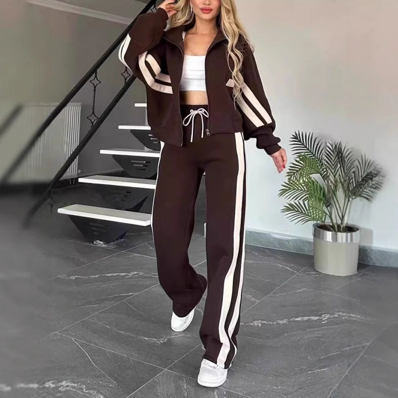 Damen gestreifte Reißverschlussjacke & lässige Hose zweiteiliges Set