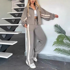 Damen gestreifte Reißverschlussjacke & lässige Hose zweiteiliges Set