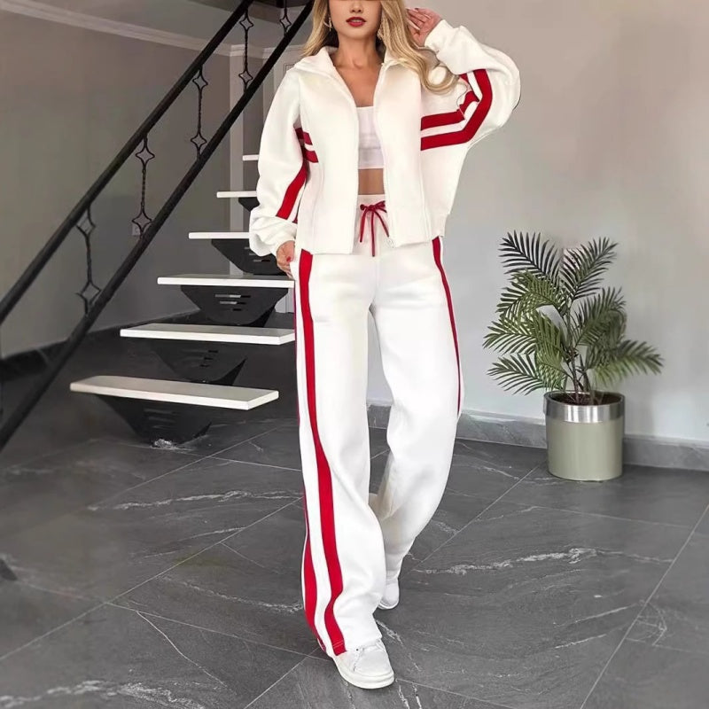Damen gestreifte Reißverschlussjacke & lässige Hose zweiteiliges Set