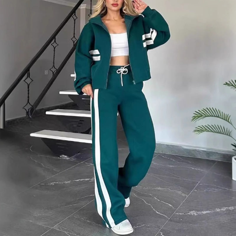 Damen gestreifte Reißverschlussjacke & lässige Hose zweiteiliges Set