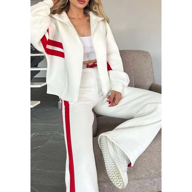 Damen gestreifte Reißverschlussjacke & lässige Hose zweiteiliges Set