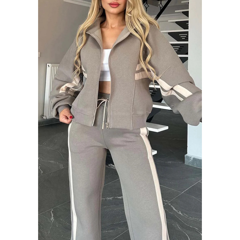 Damen gestreifte Reißverschlussjacke & lässige Hose zweiteiliges Set