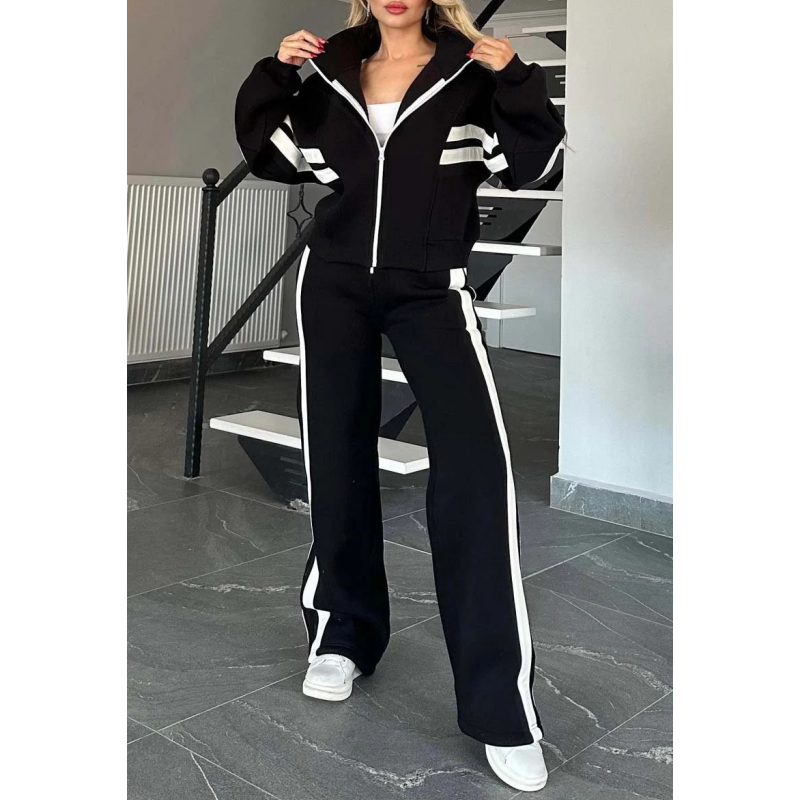 Damen gestreifte Reißverschlussjacke & lässige Hose zweiteiliges Set