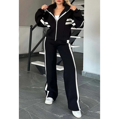Damen gestreifte Reißverschlussjacke & lässige Hose zweiteiliges Set
