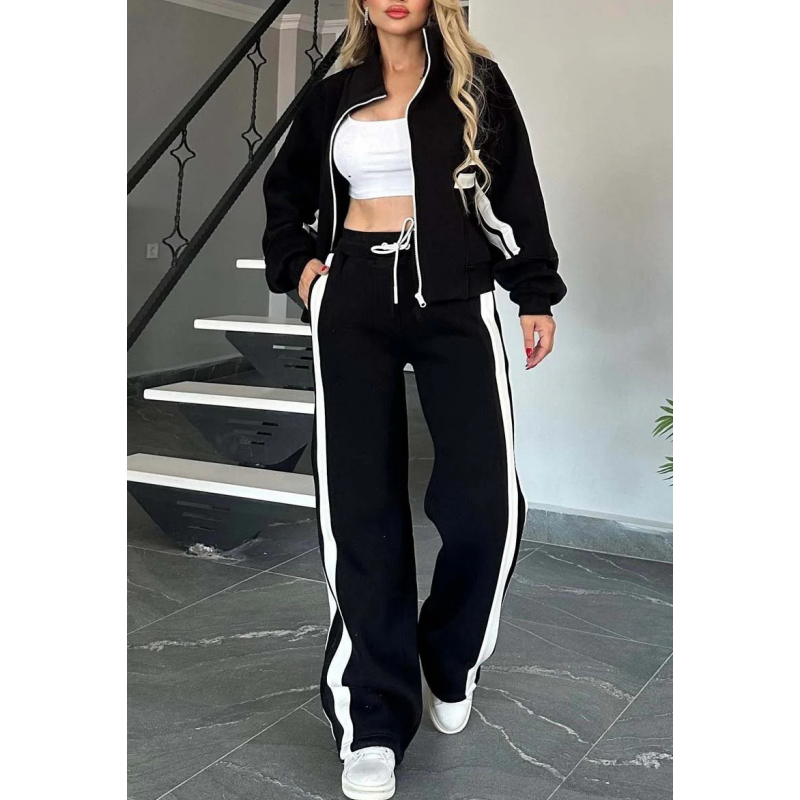 Damen gestreifte Reißverschlussjacke & lässige Hose zweiteiliges Set