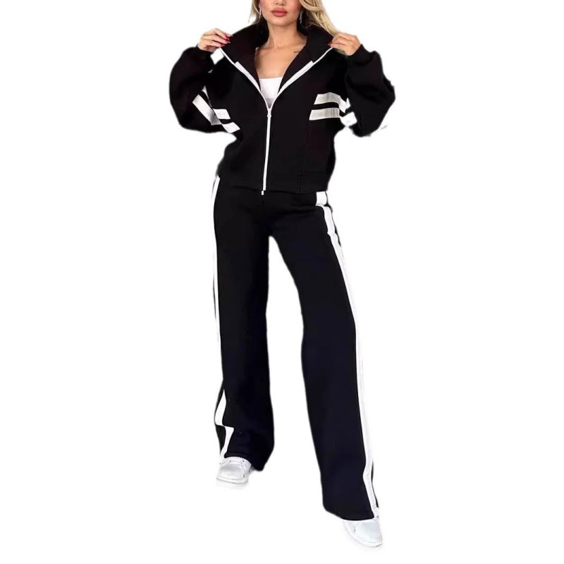 Damen gestreifte Reißverschlussjacke & lässige Hose zweiteiliges Set