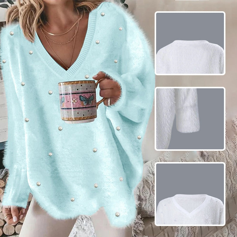 🔥Heißer Verkauf – V-Ausschnitt Langarm Perlenbesatz Oversized Flauschiger Pullover