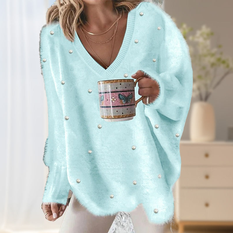 🔥Heißer Verkauf – V-Ausschnitt Langarm Perlenbesatz Oversized Flauschiger Pullover