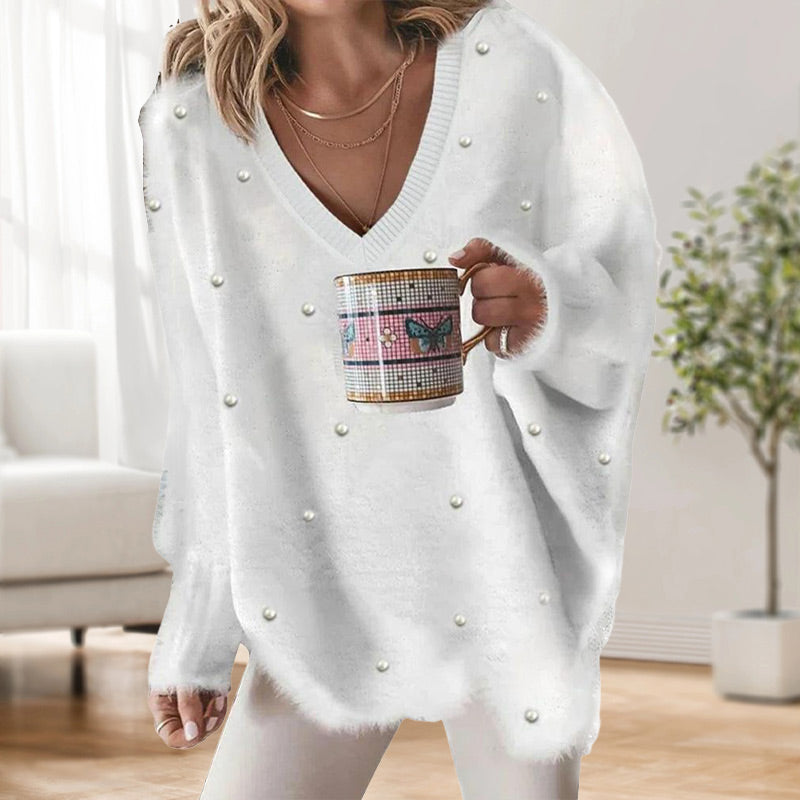 🔥Heißer Verkauf – V-Ausschnitt Langarm Perlenbesatz Oversized Flauschiger Pullover