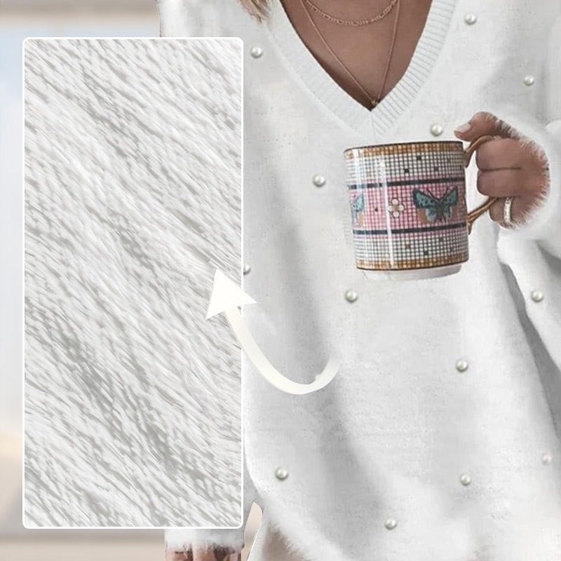 🔥Heißer Verkauf – V-Ausschnitt Langarm Perlenbesatz Oversized Flauschiger Pullover