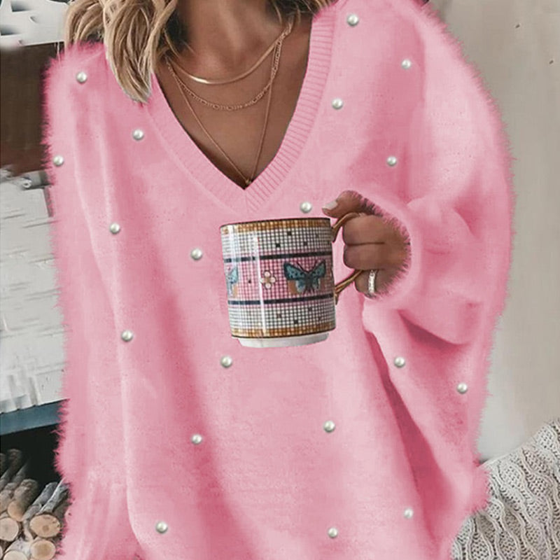 🔥Heißer Verkauf – V-Ausschnitt Langarm Perlenbesatz Oversized Flauschiger Pullover