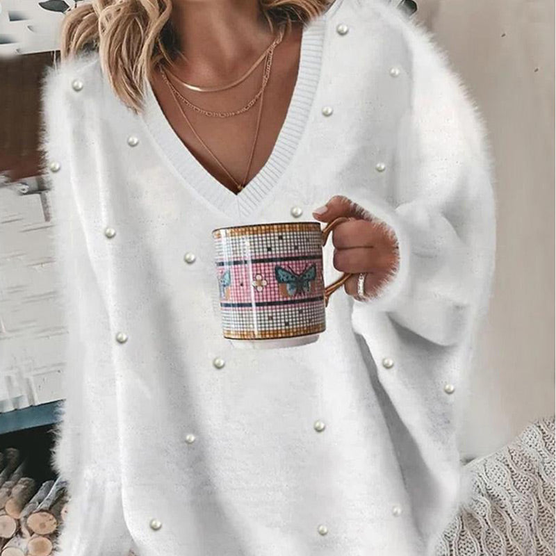 🔥Heißer Verkauf – V-Ausschnitt Langarm Perlenbesatz Oversized Flauschiger Pullover