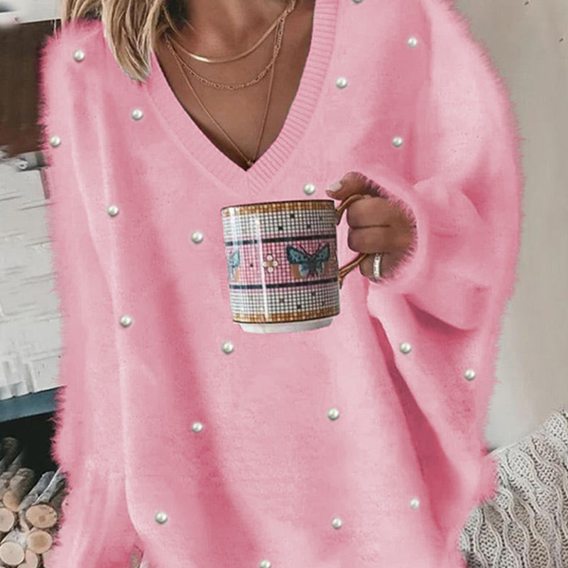 🔥Heißer Verkauf – V-Ausschnitt Langarm Perlenbesatz Oversized Flauschiger Pullover