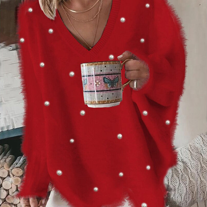 🔥Heißer Verkauf – V-Ausschnitt Langarm Perlenbesatz Oversized Flauschiger Pullover