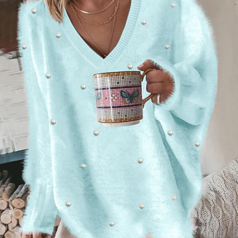 🔥Heißer Verkauf – V-Ausschnitt Langarm Perlenbesatz Oversized Flauschiger Pullover