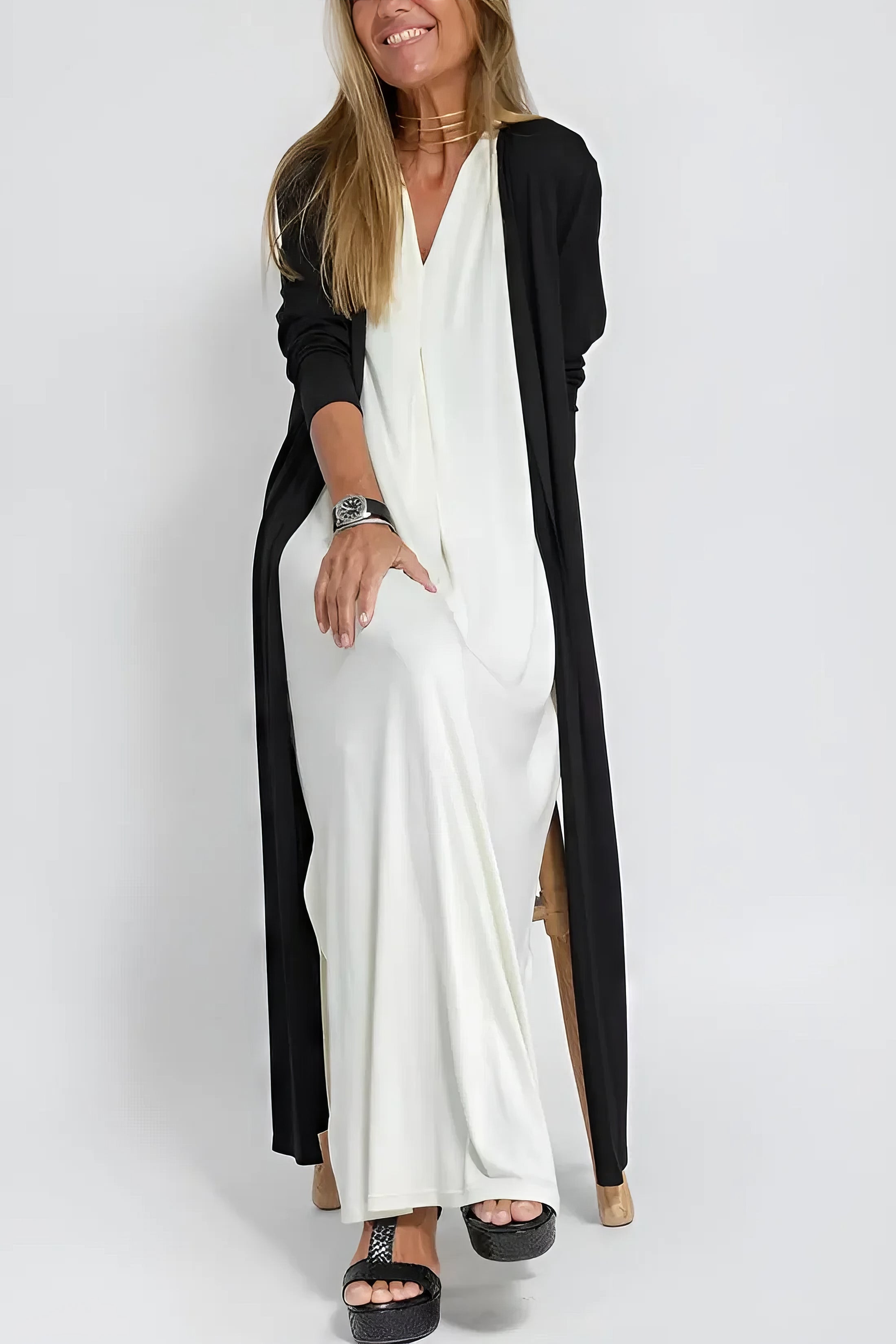 Elegantes langes Kleid + passende Strickjacke