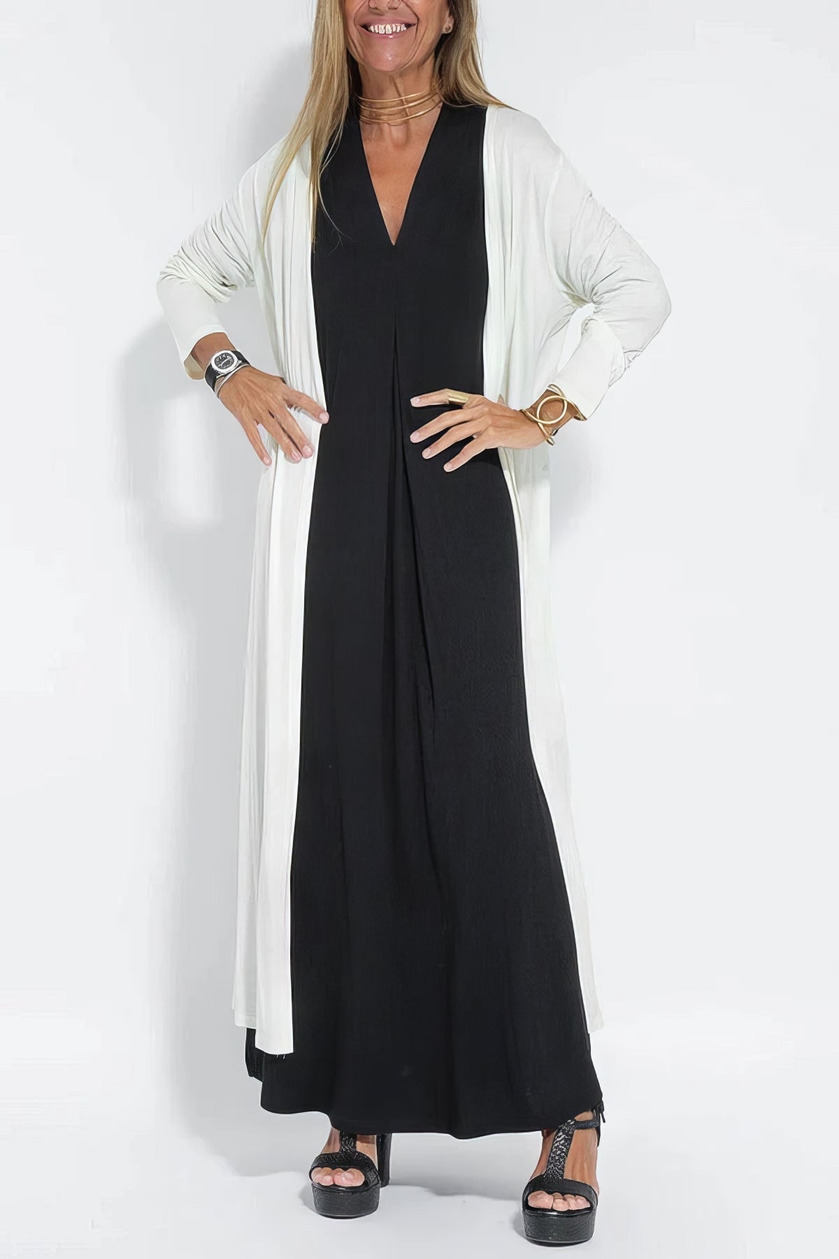 Elegantes langes Kleid + passende Strickjacke