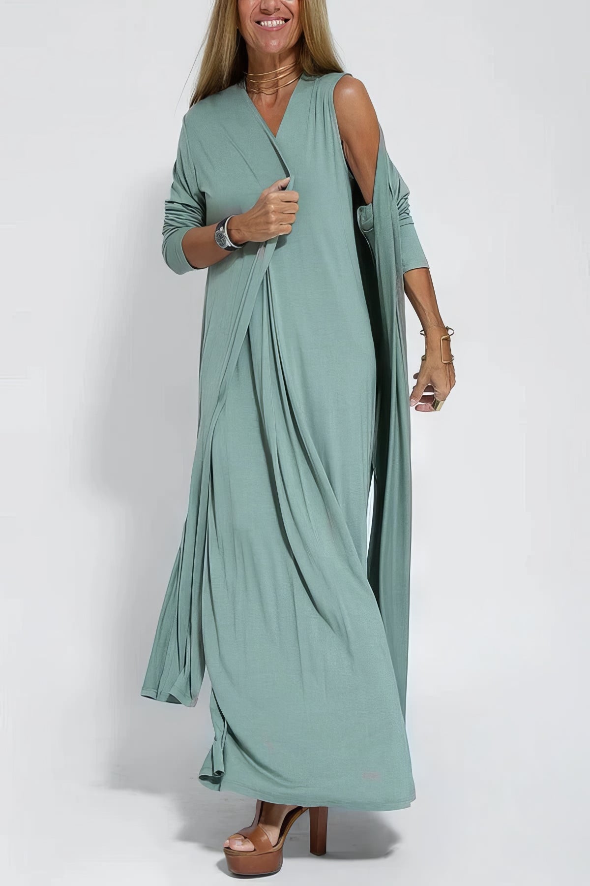 Elegantes langes Kleid + passende Strickjacke