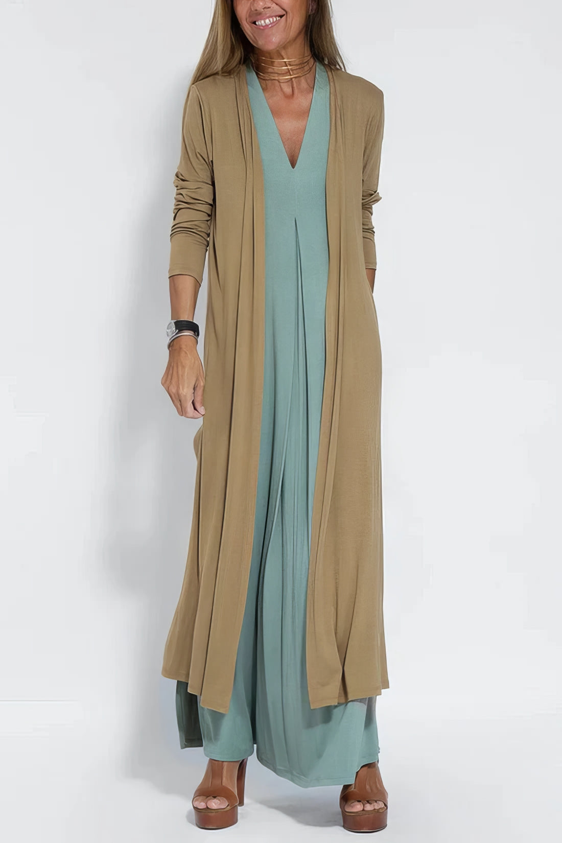 Elegantes langes Kleid + passende Strickjacke